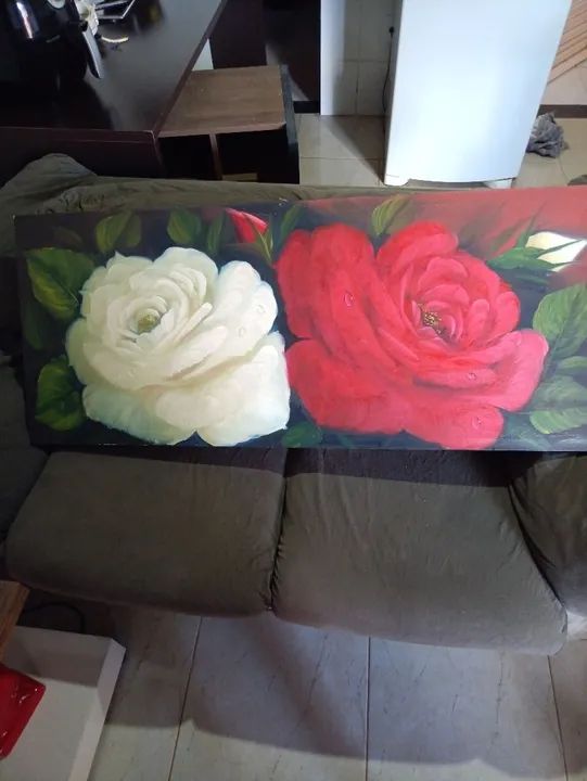 Quadro Pintura a óleo com rosas brancas e vermelhas - Foto 2