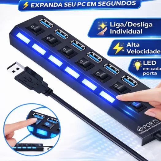 Hub USB 7 Portas 2.0 com Interruptor Individual LED Alta Velocidade 5Gbps Extensor USB - Foto 2
