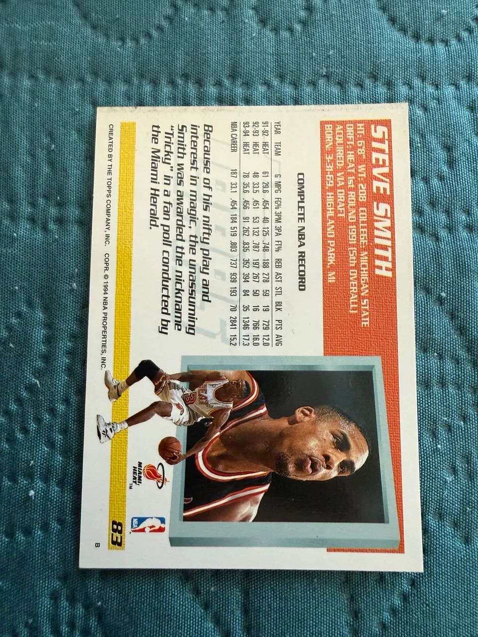 Steve Smith Topps 1994-95 #83 Miami Heat - Foto 2