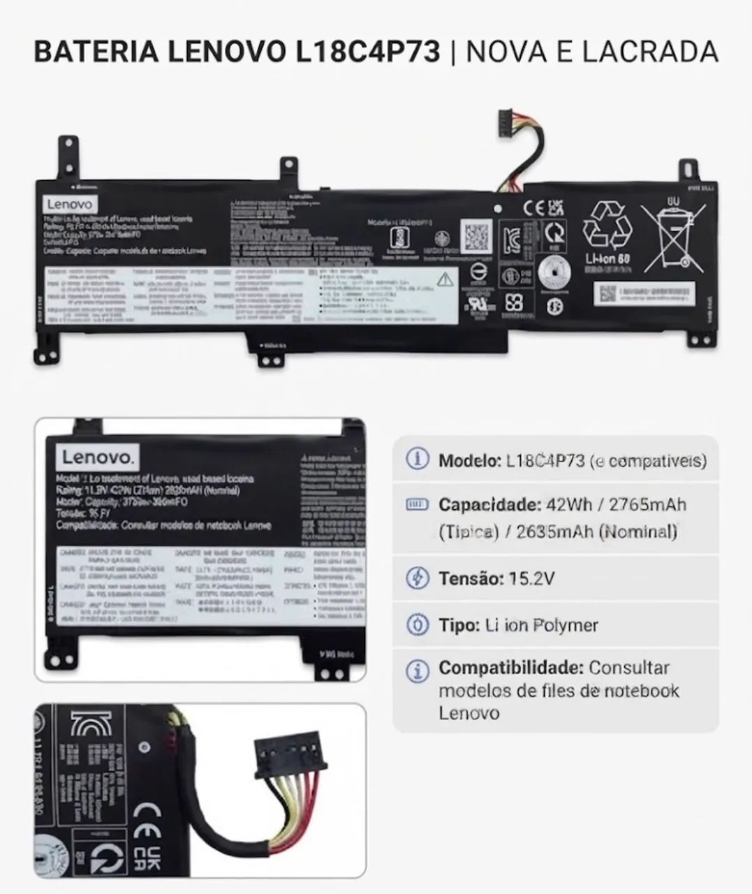 Bateria Lenovo L18C4P73 - Nova e Lacrada / Alta Qualidade