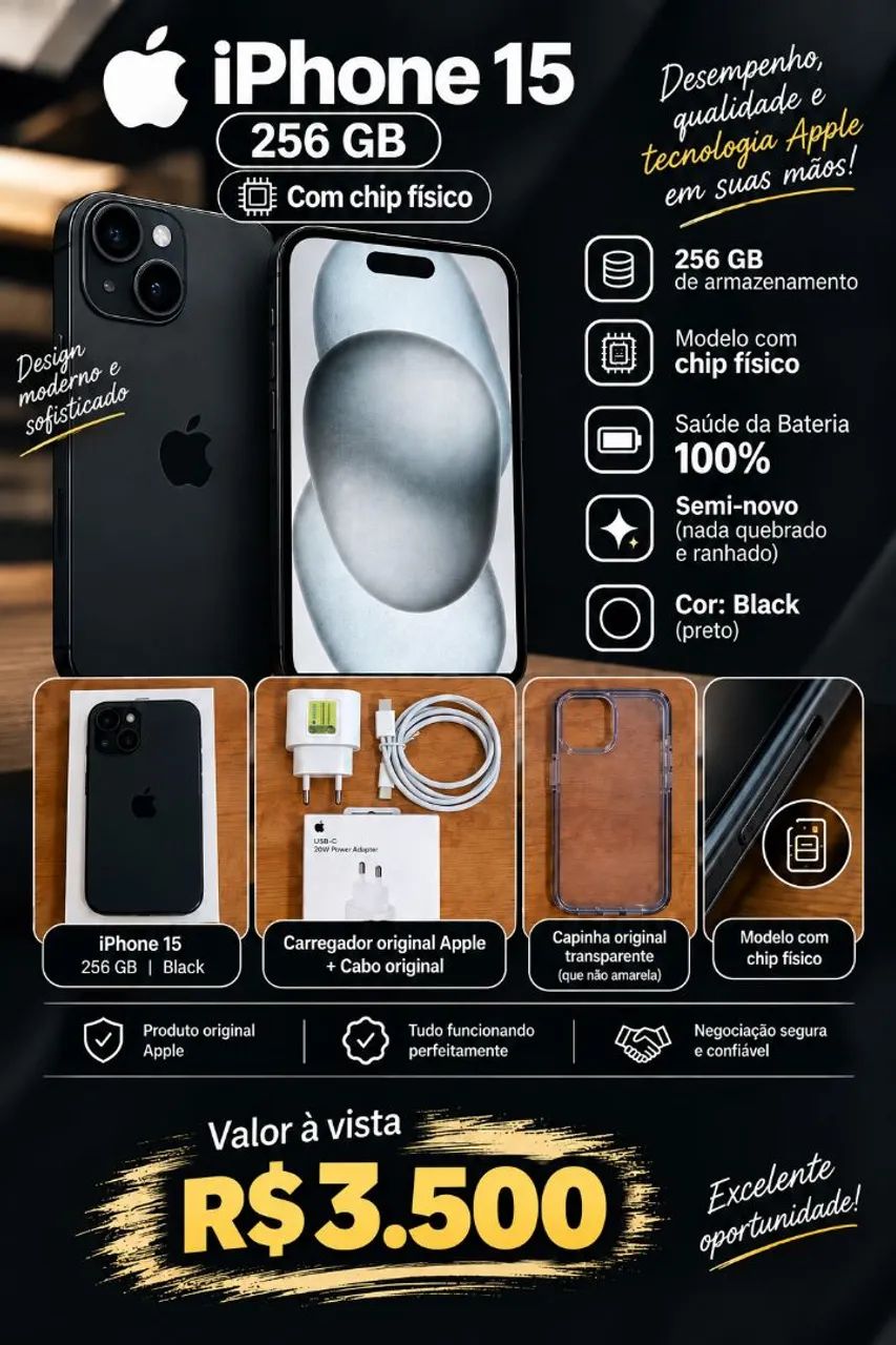iPhone 15 256GB Black Bateria 100%
