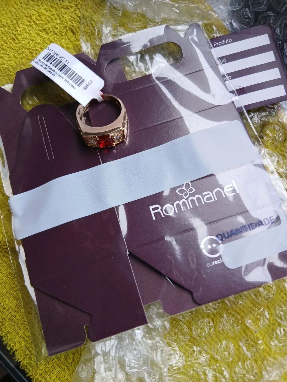 Anel de Ouro 18k Masculino Rommanel com pedra cristal retangular Vermelha  - Foto 5
