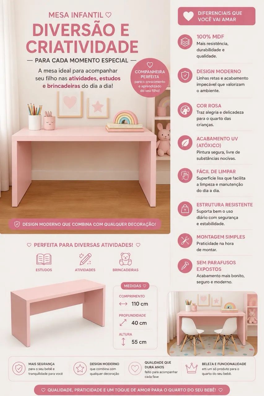 Mesa infantil 100% mdf Rosa 