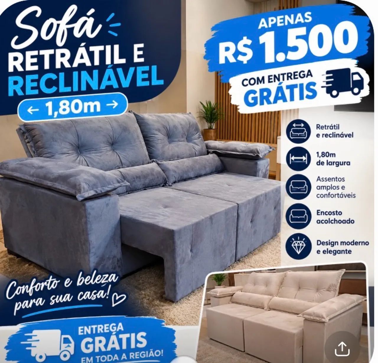 Sofá retrátil reclinável 
