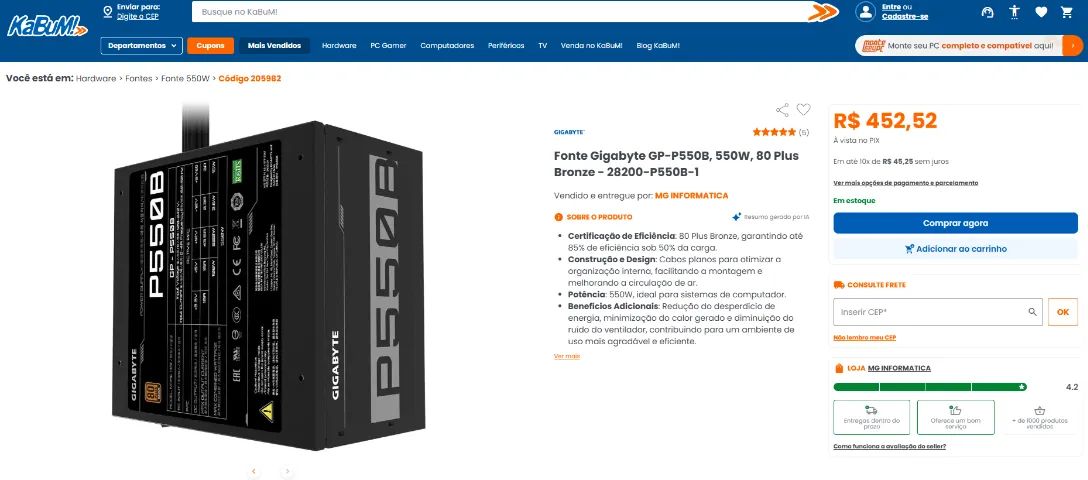 Fonte Gigabyte 550W 80 Plus Bronze - Foto 4