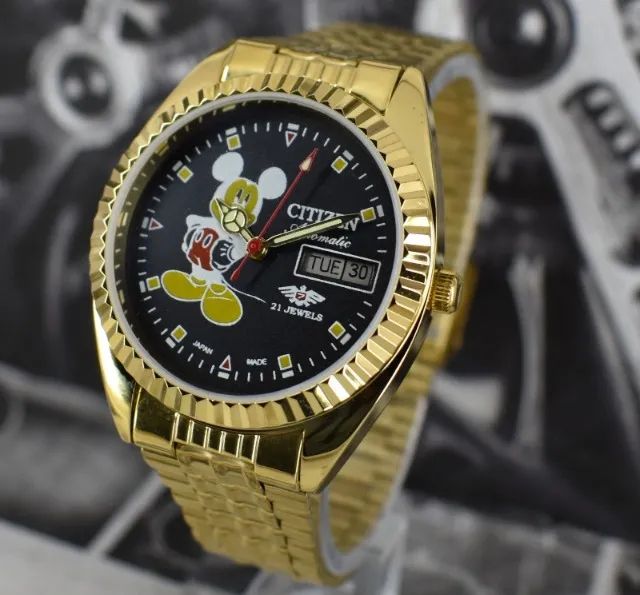 Citizen Automático Mickey Mouse Banhado A Ouro Dia Data 21 Joias Masculino