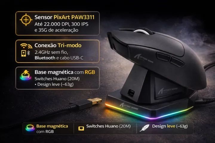 Mouse Gamer Attack Shark X11 22000dpi Sem Fio Usb Bluetooth Preto - Foto 5