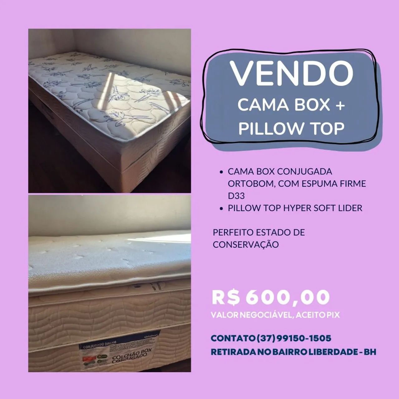 CAMA BOX SOLTEIRO COM COLCHÃO + PILLOW TOP