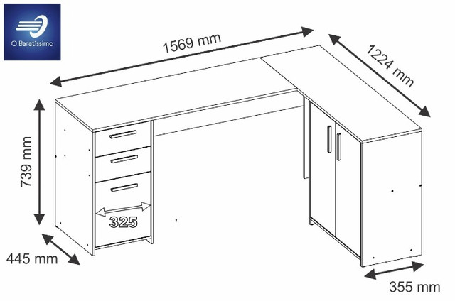 Mesa de Canto em L para Escritório 2 Gavetas 3 Portas - Foto 5