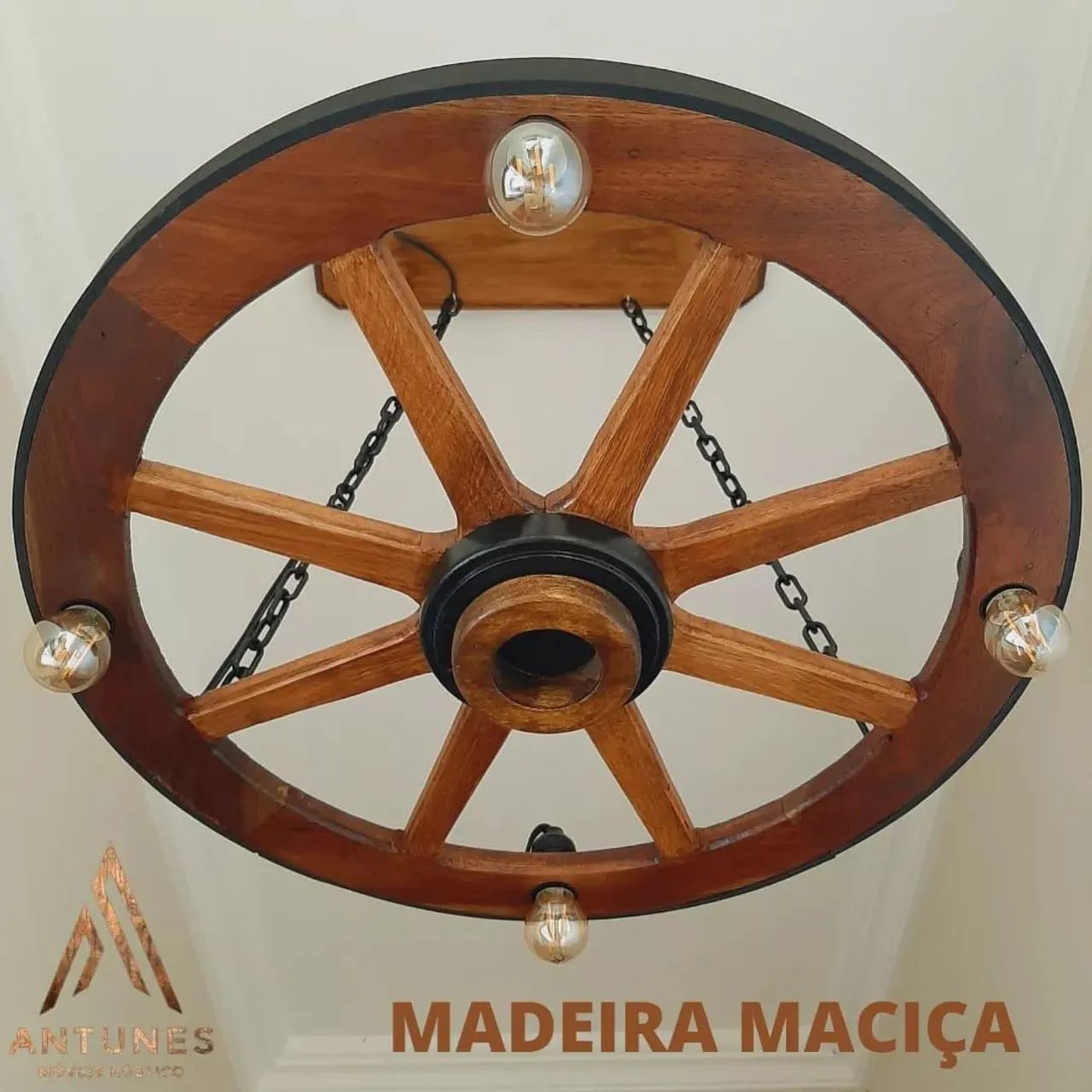 Lustre Roda de Carro de Madeira 60cm 4 bocal