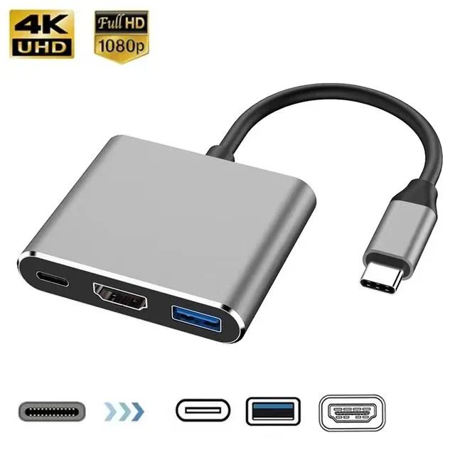 Adaptador Hub 3 em 1 com HDMI, USB-C, USB 3.0, tipo C