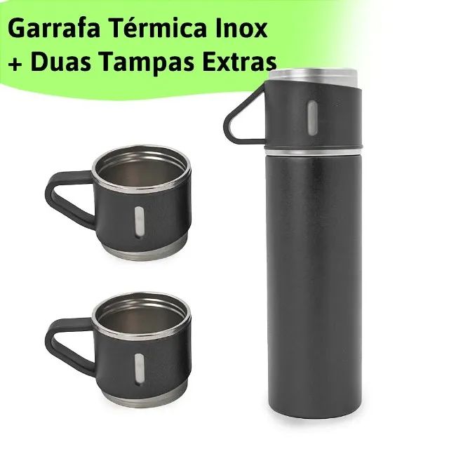 Garrafa Térmica 3 Copos Aço Inox Squeeze 500ml Cores - Foto 2