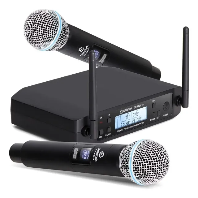 Microfone Sem Fio Duplo Onistek On-MC810 Uhf Dinamico Tela Digital com 50 Canais