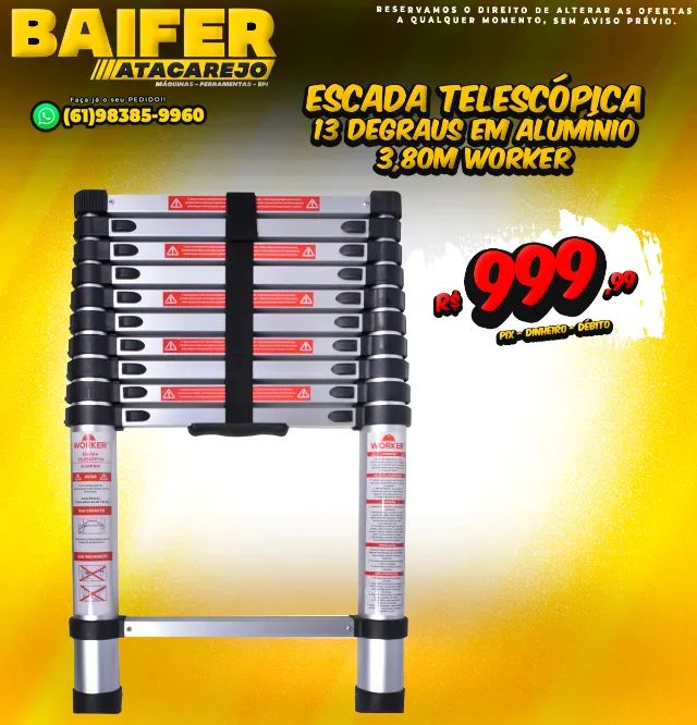 Escada 13 Degraus Telescópica em Alumínio 3,80m Worker