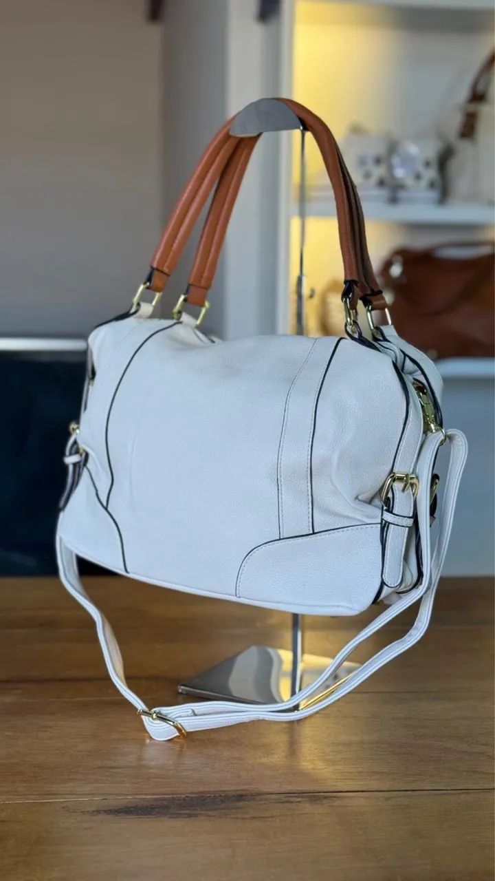 Bolsa Feminina Grande Off White com Alças Marrom e Alça Transversal