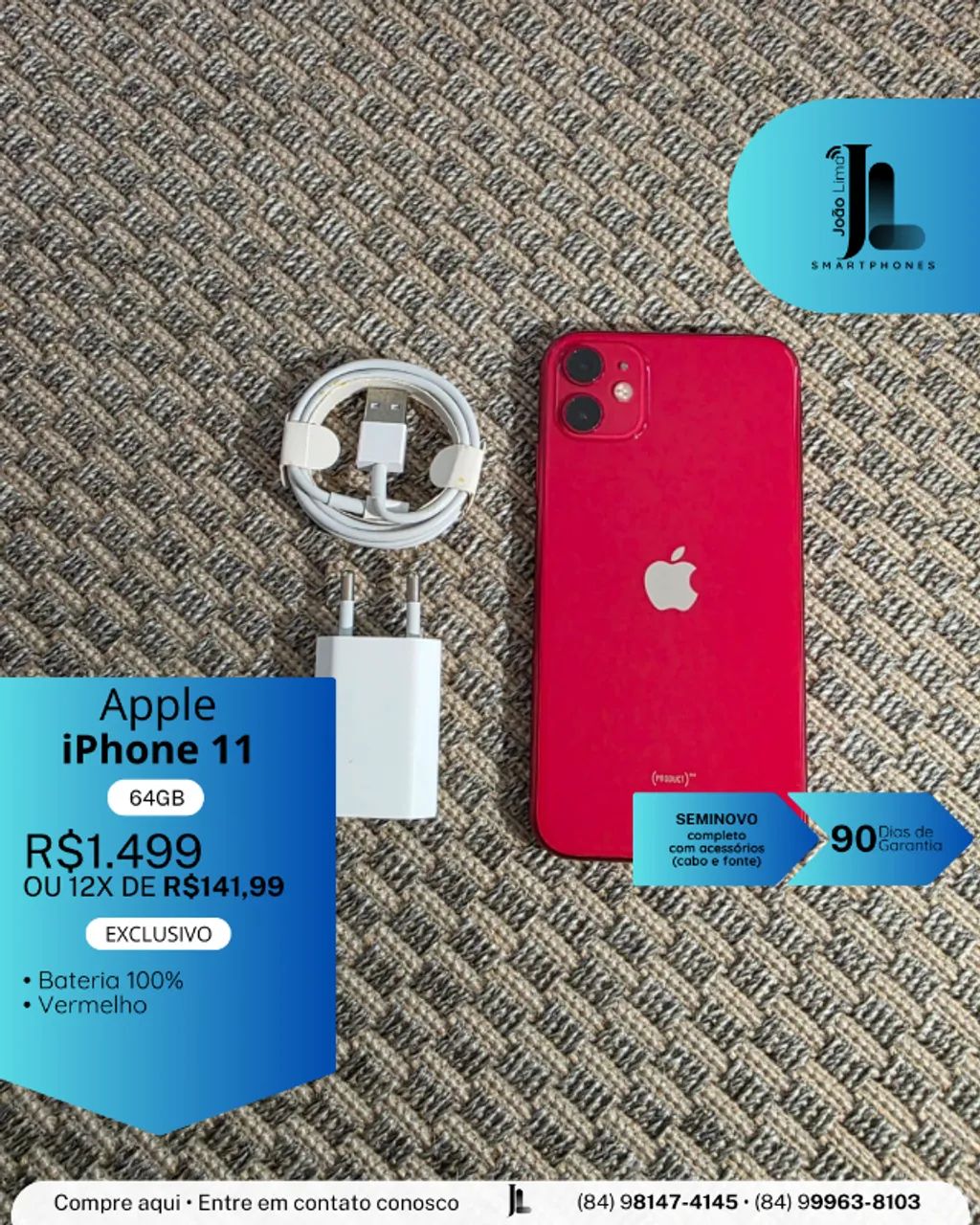 IPHONE 11, 64GB, VERMELHO, SEMINOVO, BATERIA 100%, EXCLUSIVO