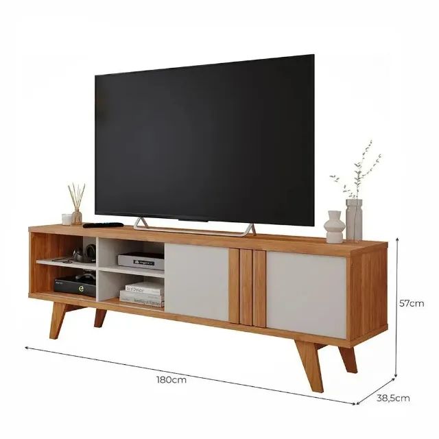 Rack Bancada Paraty Pés Com Madeira Maciça Rippas 100% MDF Freijó/Off White  - Foto 4