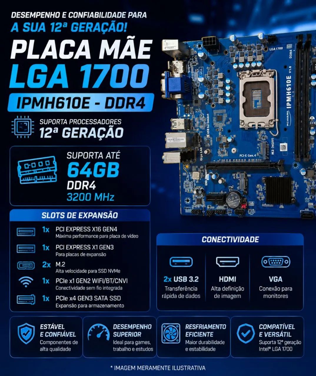 Placa Mãe PCWARE IPMH610E LGA 1700 - DDR3 - 12° GERAÇÃO 