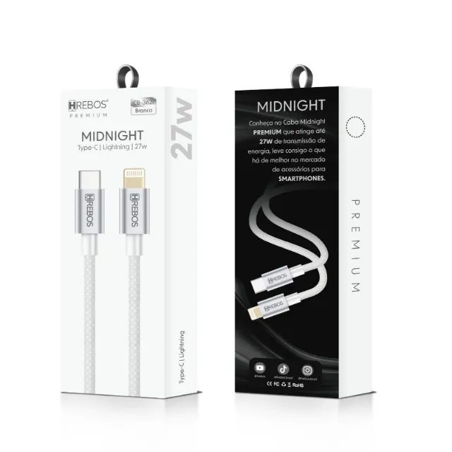 Cabo Usb-c P/ Lightning 27w Hrebos Midnight - Cb-362i Branco *ENTREGA GRÁTIS*