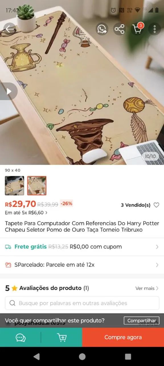Vendo mouse pad novo original Harry Potter 