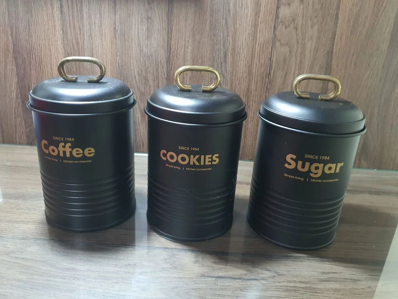KIT POTES DE METAL PARA AÇUCAR, CAFÉ E BISCOITOS