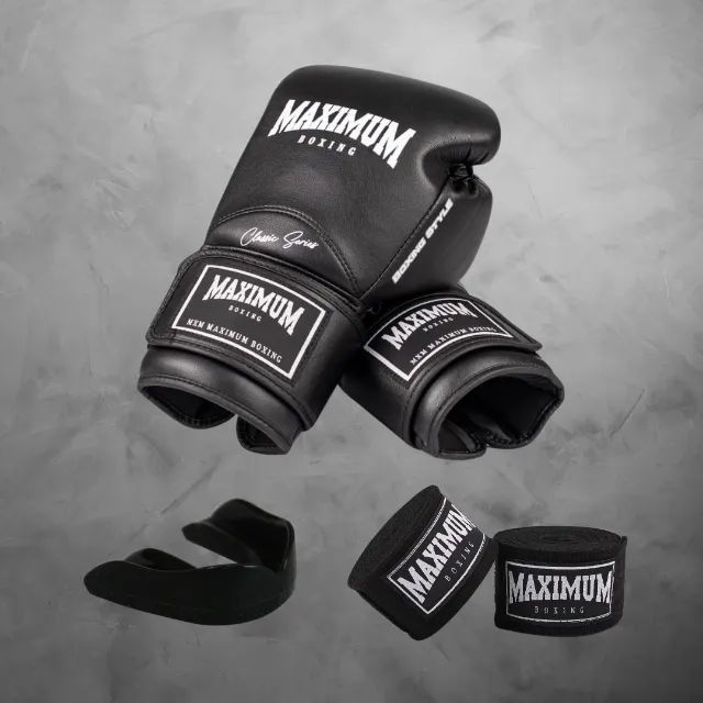 Kit Boxe Maximum Classic Black - Luva, Bandagem e Protetor Bucal