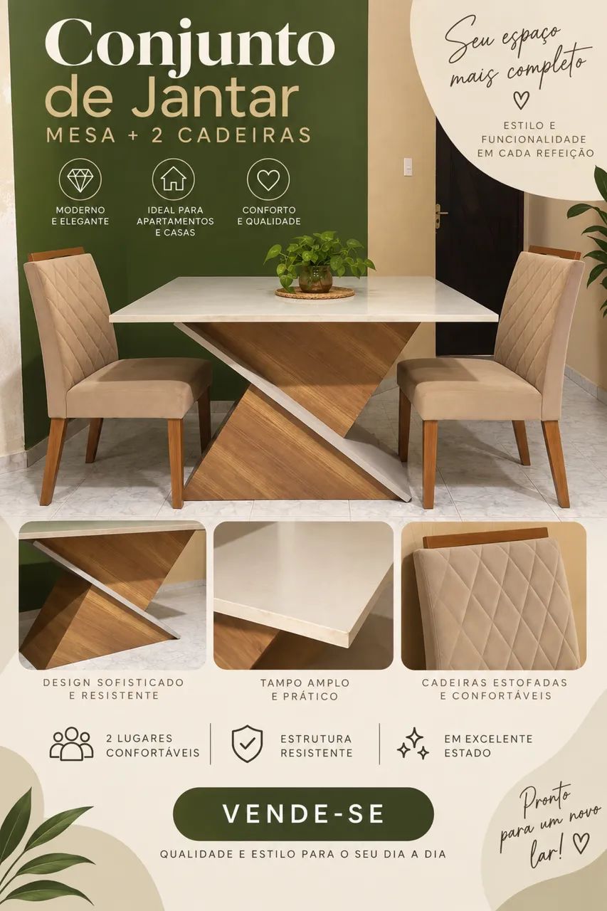 Mesa de Jantar de 6 lugares com 2 Cadeiras Estofadas 