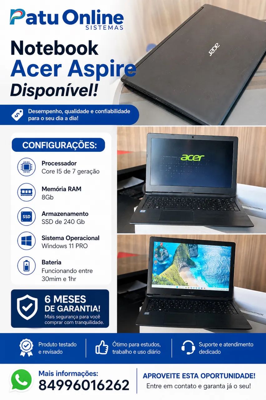 Notebook Acer Core I5 de 7 geração 