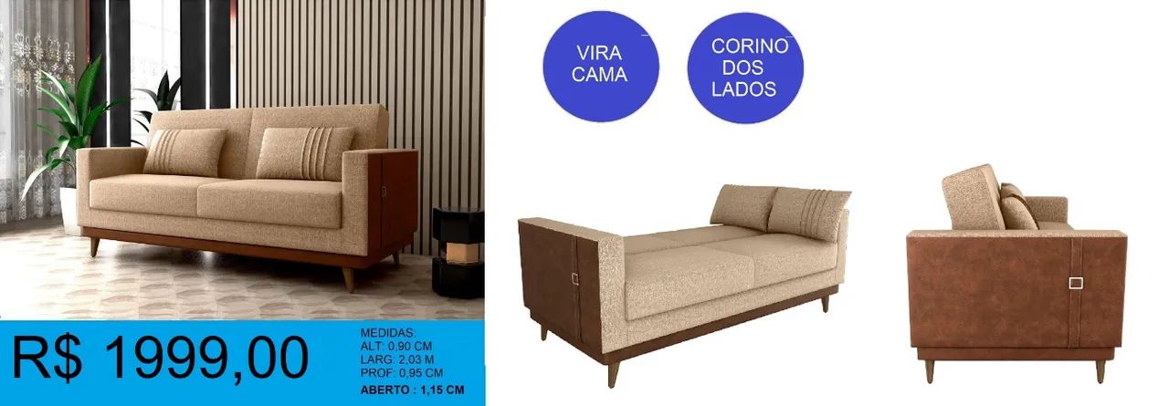 Sofa Cama luxo Esther com linho e corino dos lados- Entrega GRATIS  - Foto 2