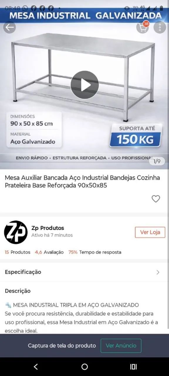 Mesa de aço industrial 215,00
