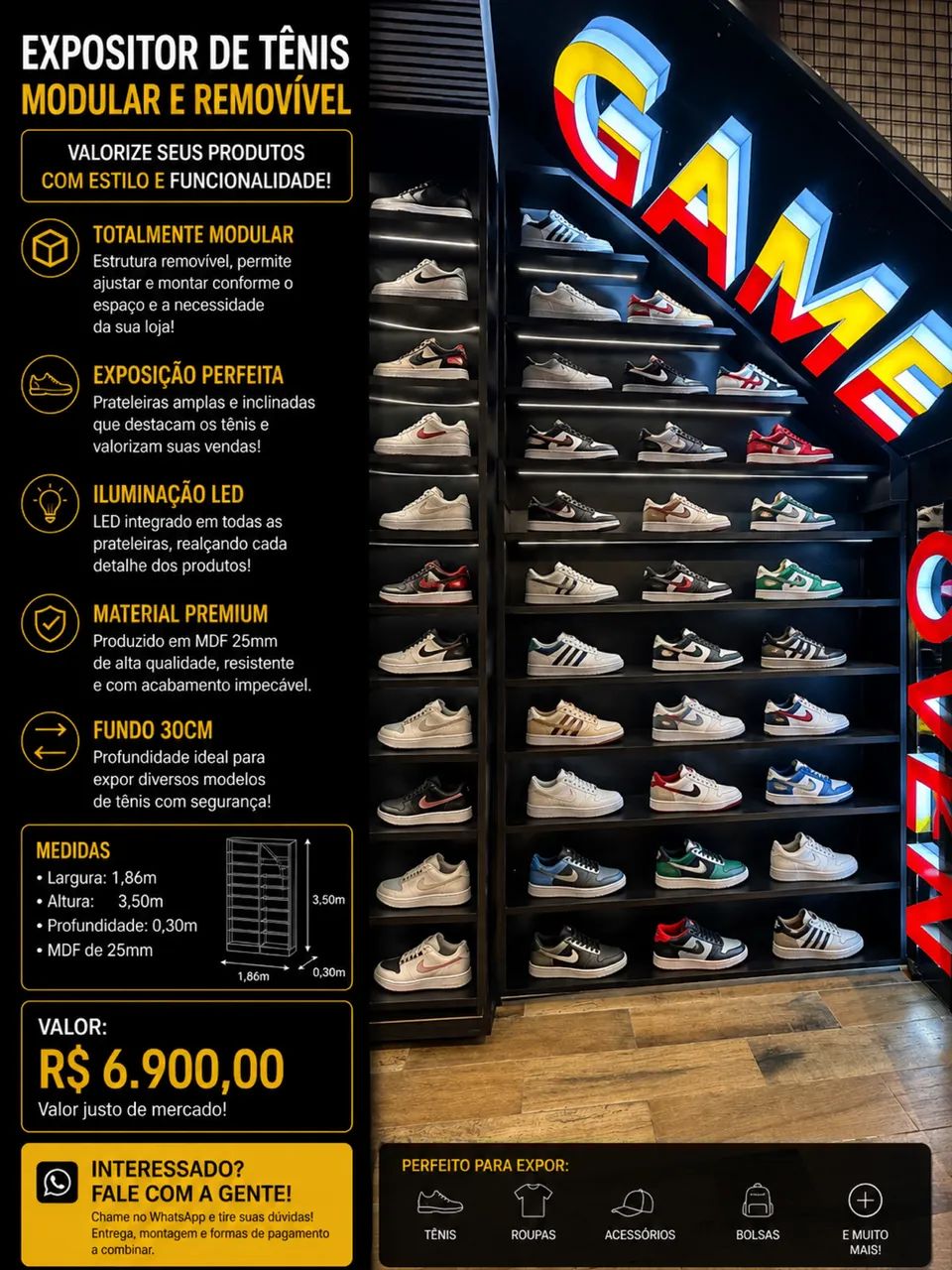 Expositor de Tênis Modular em MDF 25mm com LED - Móvel para Loja