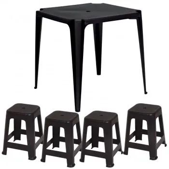 Kit Mesa Plástica Quadrada + 4 Banquetas Preta Suporta 120 Kg