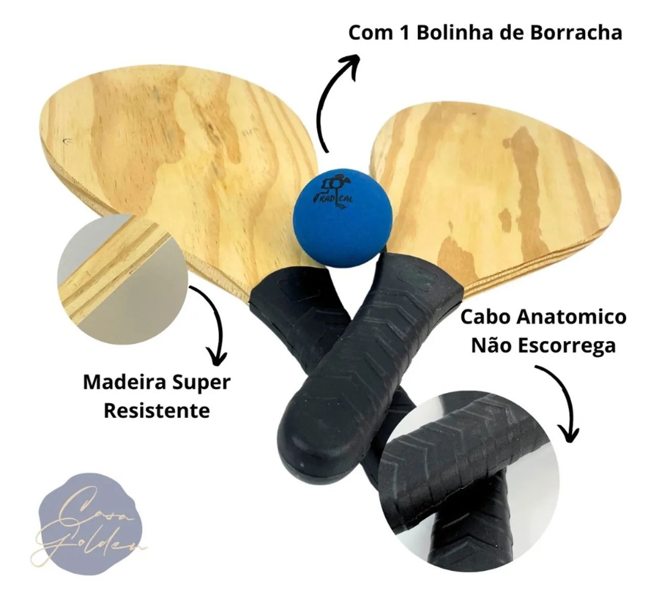 Raquetes de Madeira para Jogo de Peteca - Kit com 2 Raquetes e 1 Bolinha