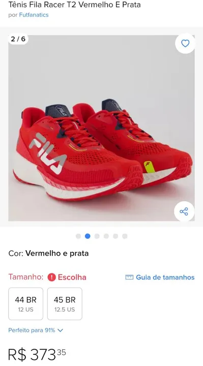Tênis Fila Racer T2 Vermelho e Prata - Tamanho 43