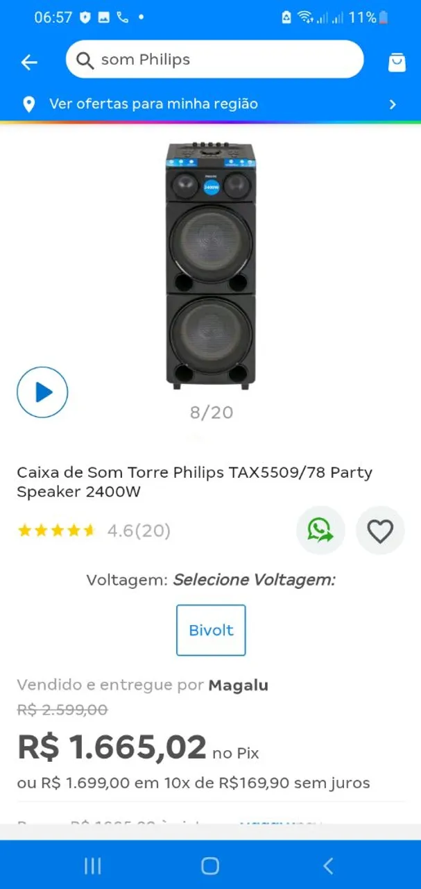 Caixa de Som Torre Philips TAX5509/78 Party Speaker 2400W