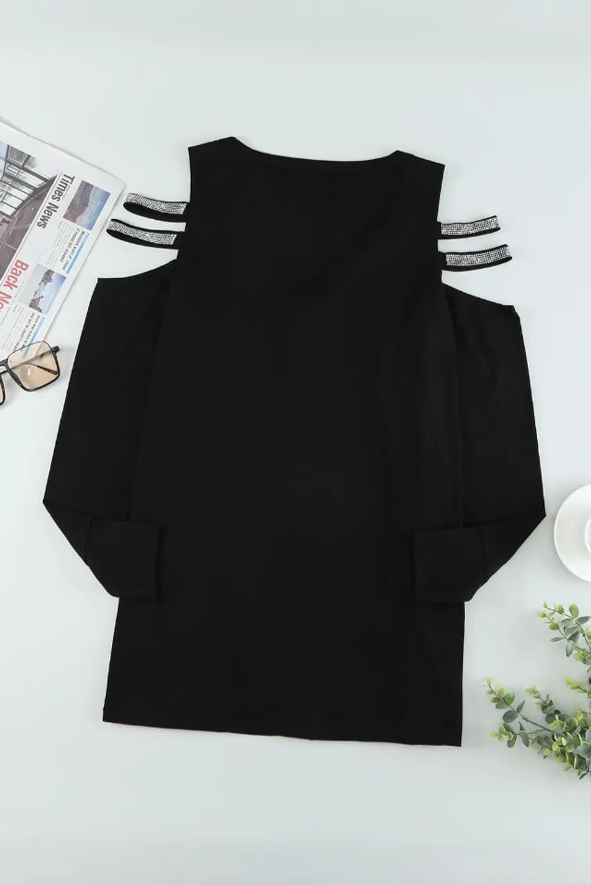 Blusa manga comprida preta com detalhes em sequin NOVA - Foto 4