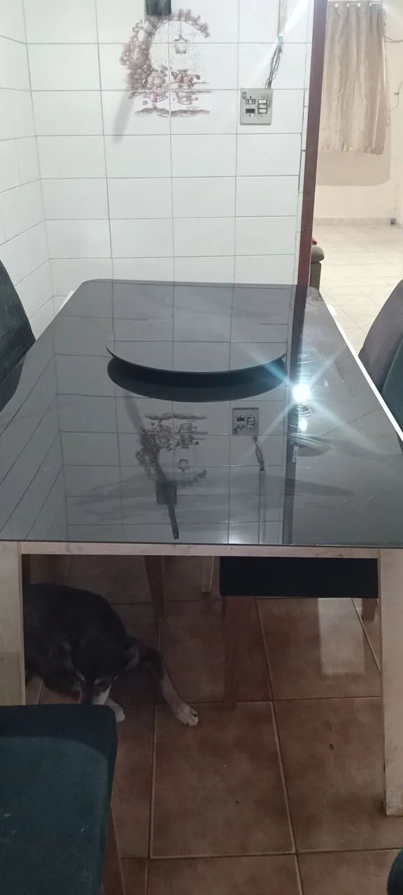 Tampo de vidro preto  retangular com prato giratório 