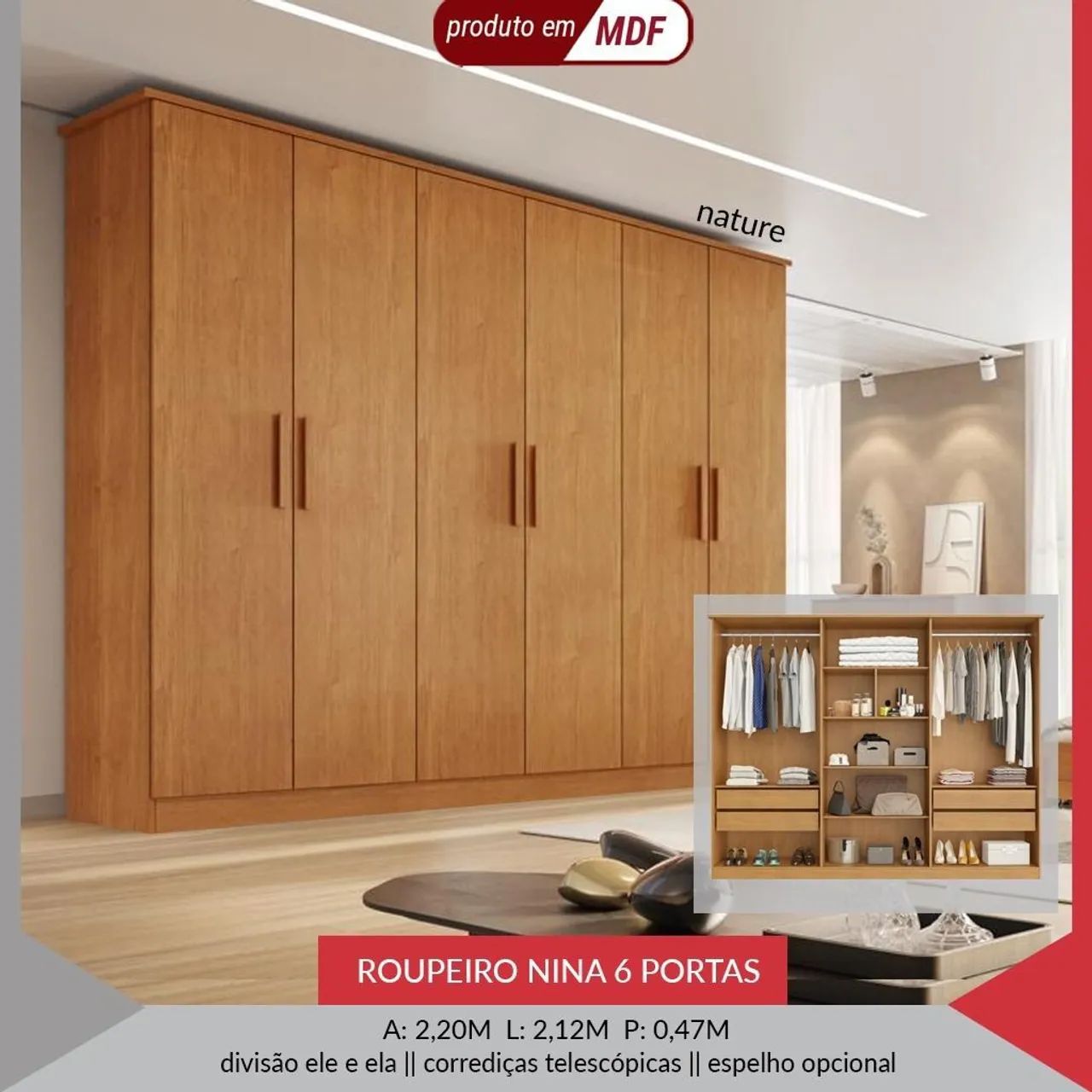 Roupeiro Nina 100% MDF - Nature 