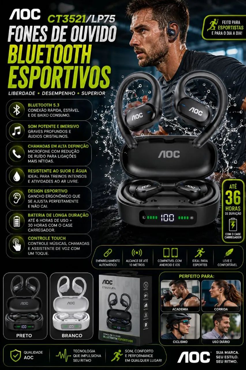 Fones bluetooth sem fio AOC - Foto 2