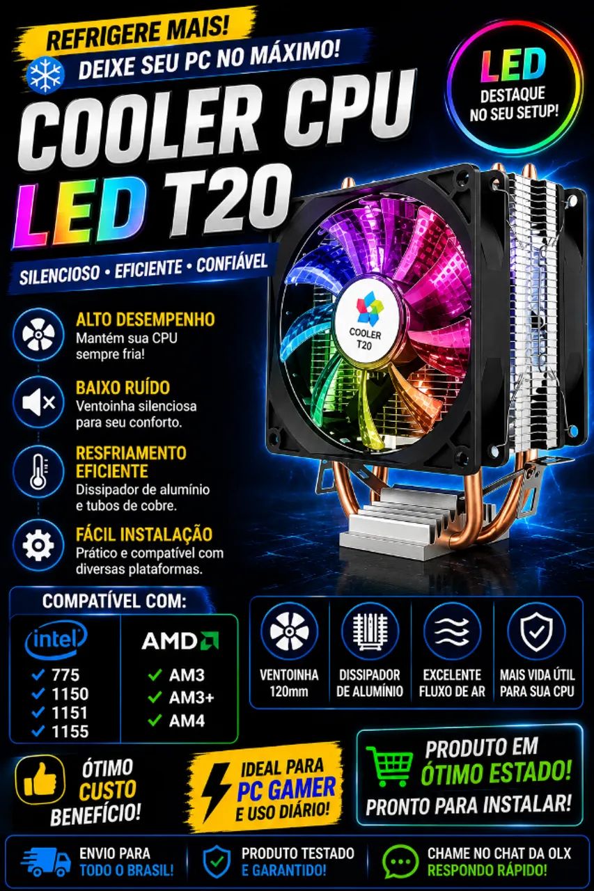Cooler CPU LED T20 Ryzen / Intel - Silencioso e Alta Performance!