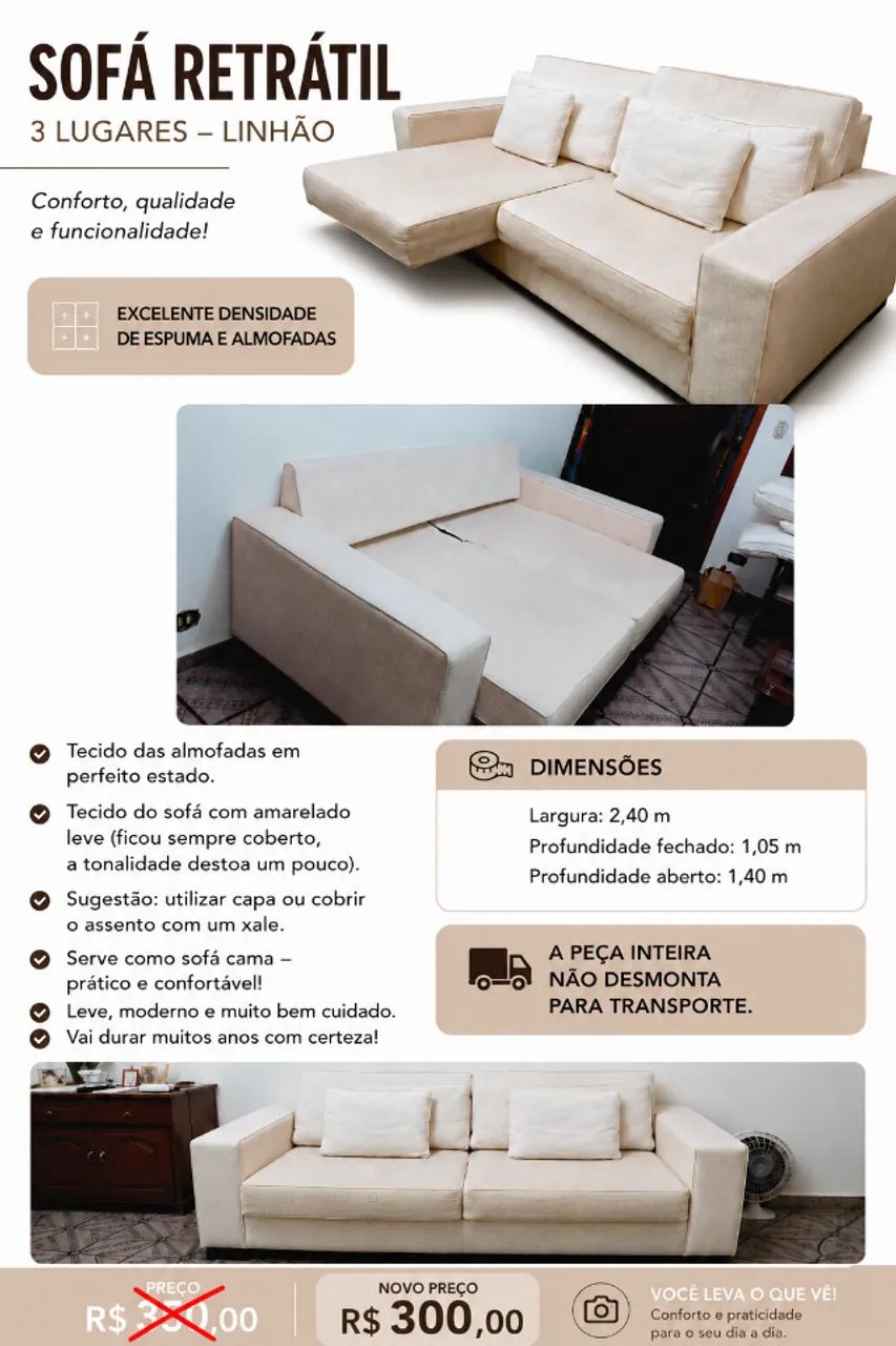Sofa 3 lugares retratil
