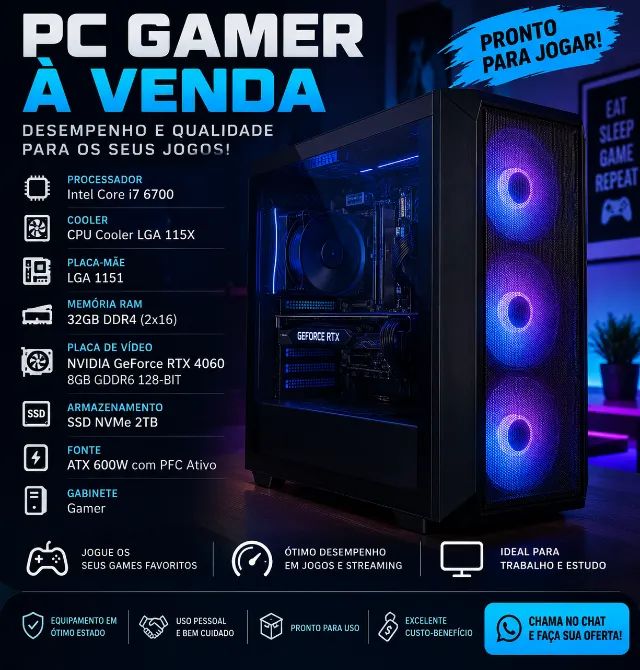 PC GAMER RTX 4060 + 32GB RAM + SSD 2TB