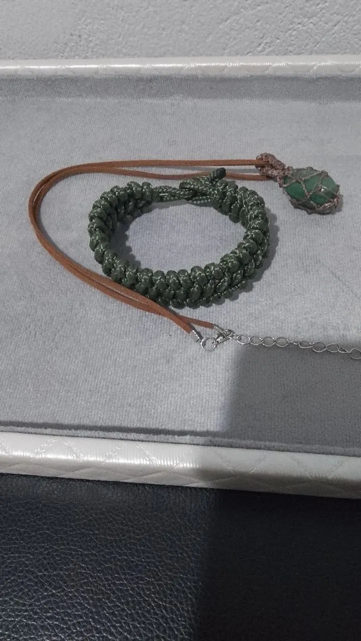 Conjunto Artesanal Boho Colar Quartzo Verde + Pulseira - Foto 5