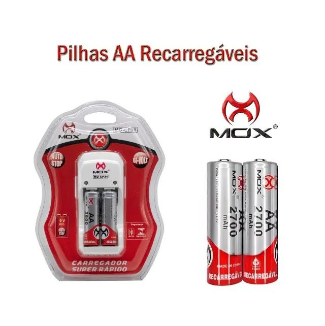 KIT Carregador de Pilha c/2 Pilhas AA 2600Mah Mox
