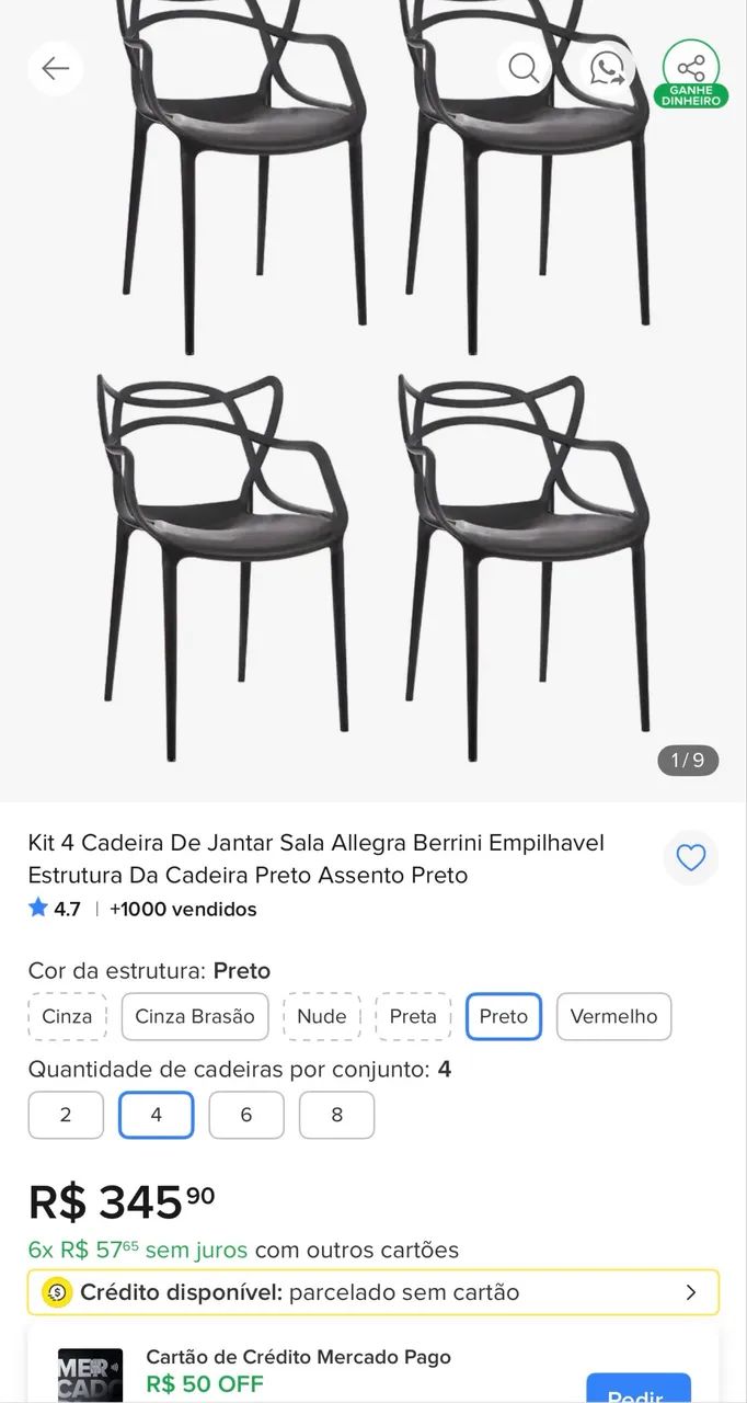 NÃO ENTREGO - Kit 4 cadeiras