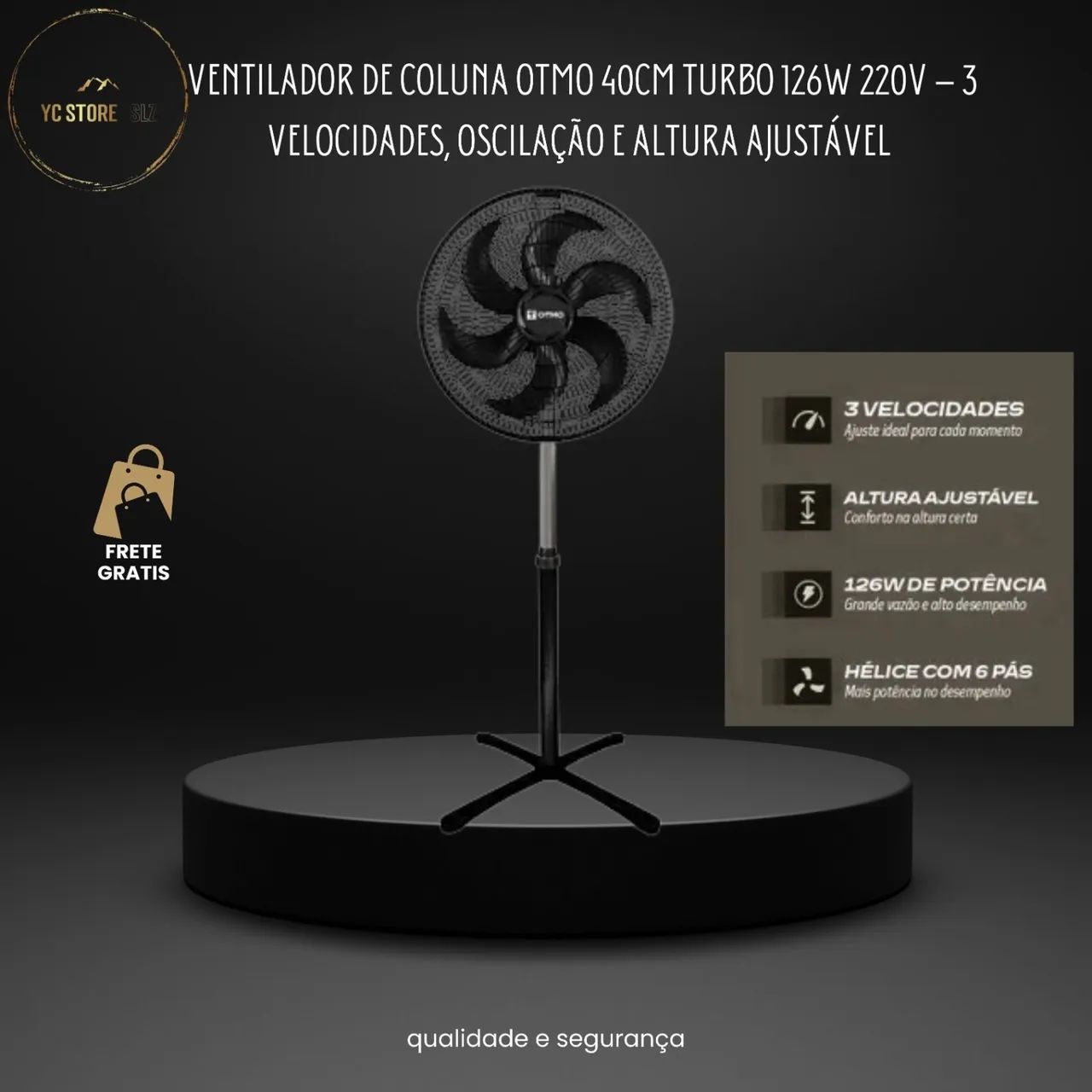 Ventilador de Coluna 40cm Turbo 126W 220V - 3 Velocidades, Oscilação e Altura Ajustável