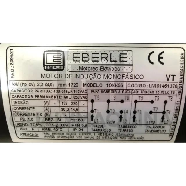 Motor Eberle Monofásico 3 cv - 4 Pólos  1720 rpm (Baixa rotação) 117/220 Volts - Foto 2