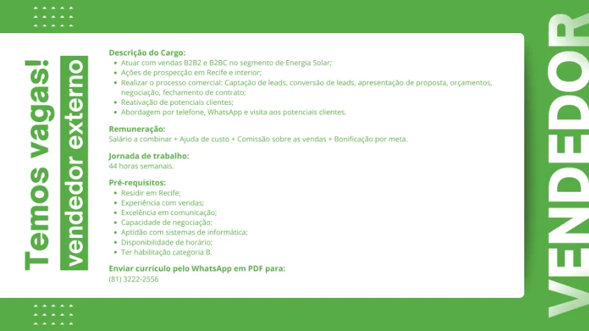 Vaga para vendedor externo no ramo de energia solar