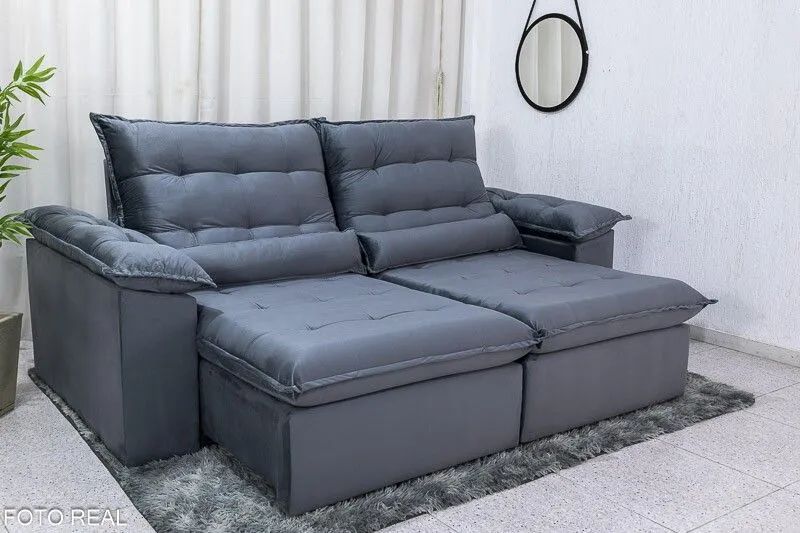 Sofá Retrátil 3 Lugares 230cm Molas Bonnel D28 Veludo Cinza 