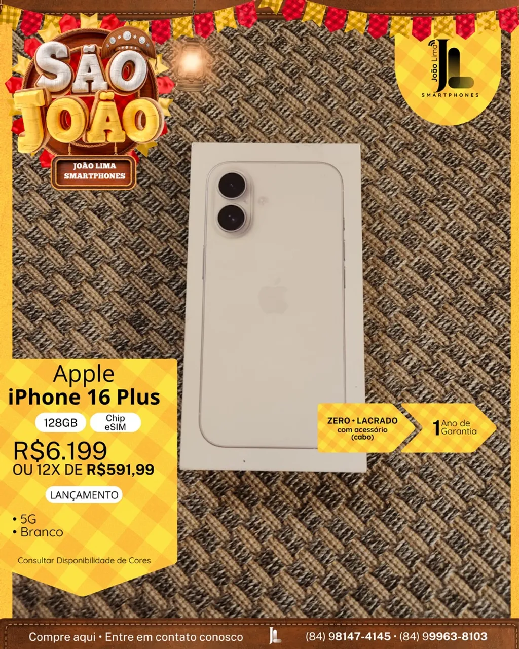 IPHONE 16 PLUS, 128GB, CHIP ESIM, BRANCO, LACRADO, EXCLUSIVO!
